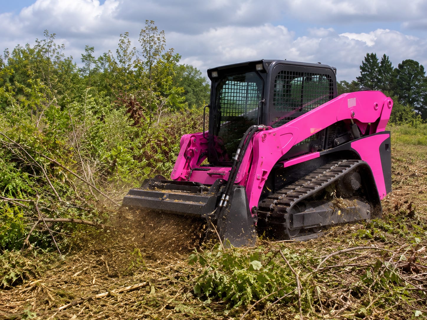 Pink forestry mulcher clearing brush